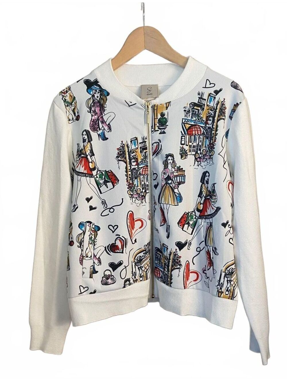 Sioni White Zip-Up Cardigan with Fashion Illustration Print